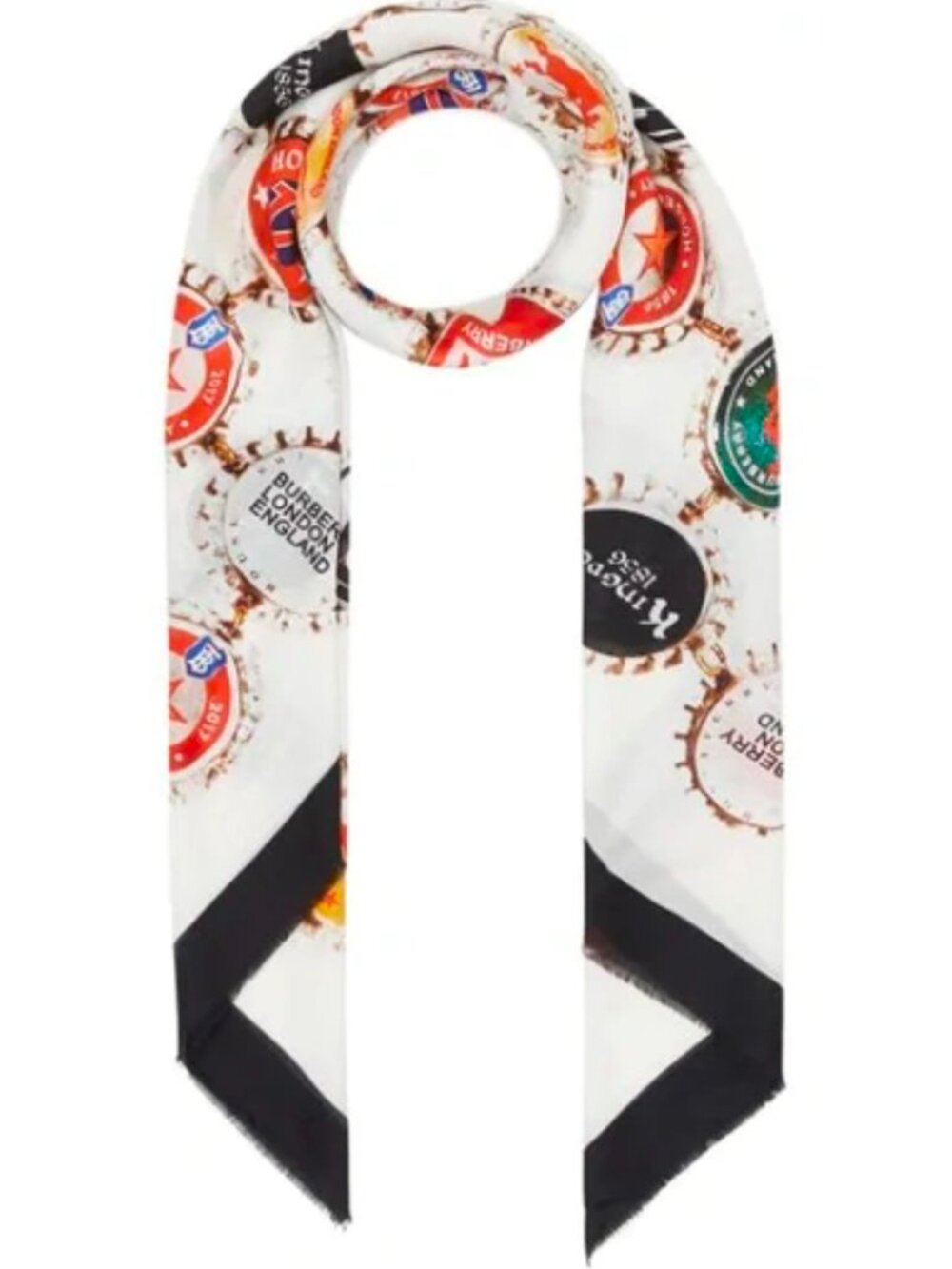 NWT Burberry Bottle Cap Print Silk Blend Scarf Black White Red - Picture 4 of 7